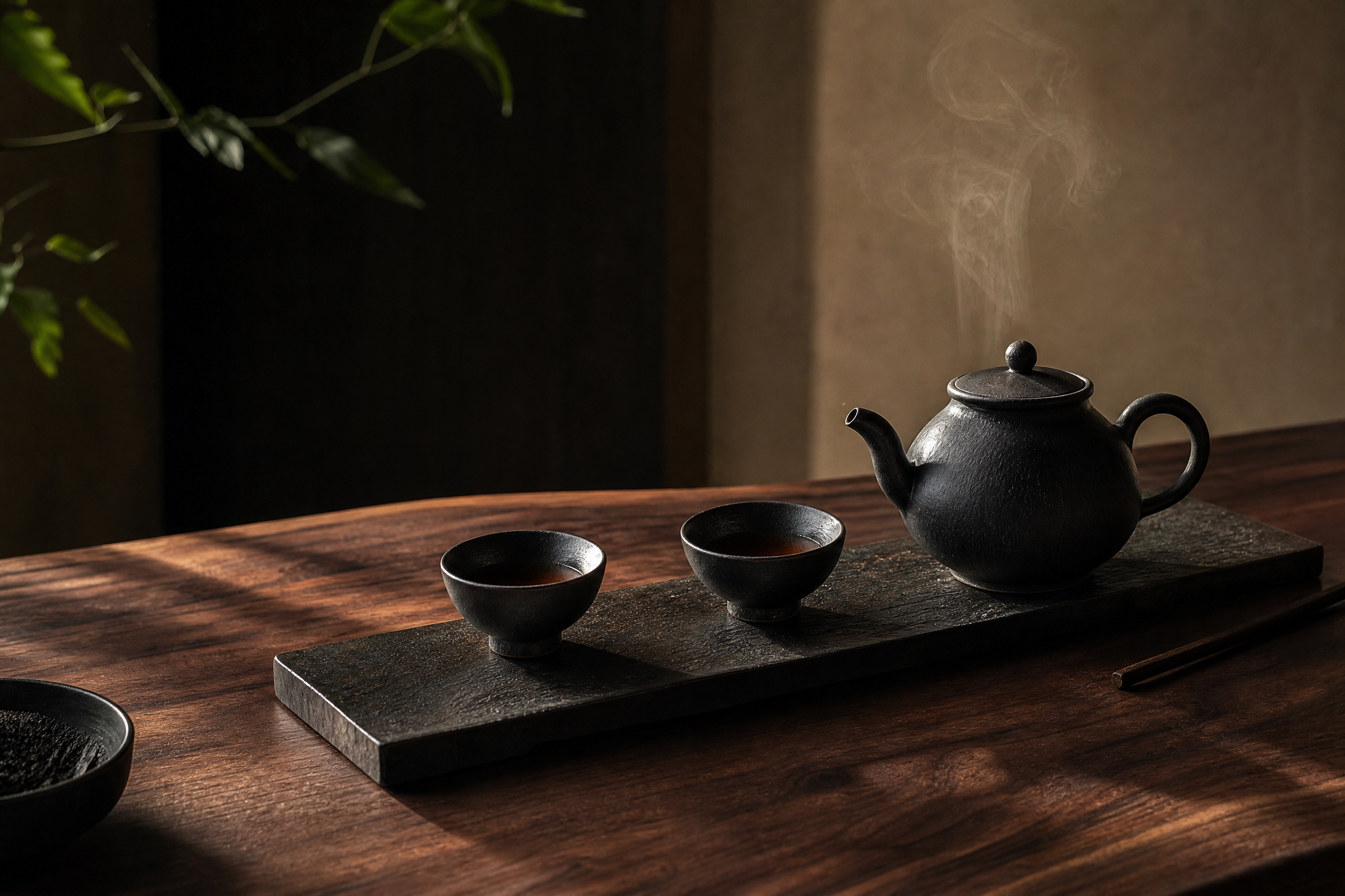 Tea being prepared on a dark wooden tea table