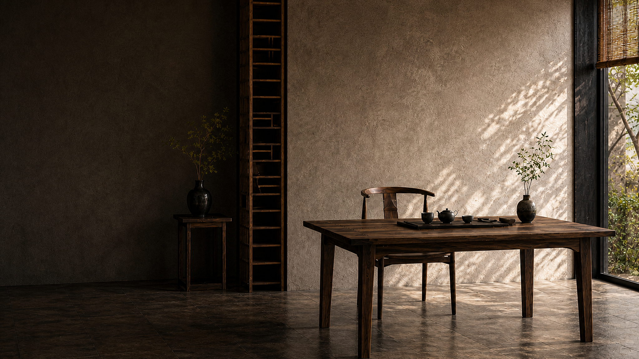 A quiet tea room arranged for the tea ceremony