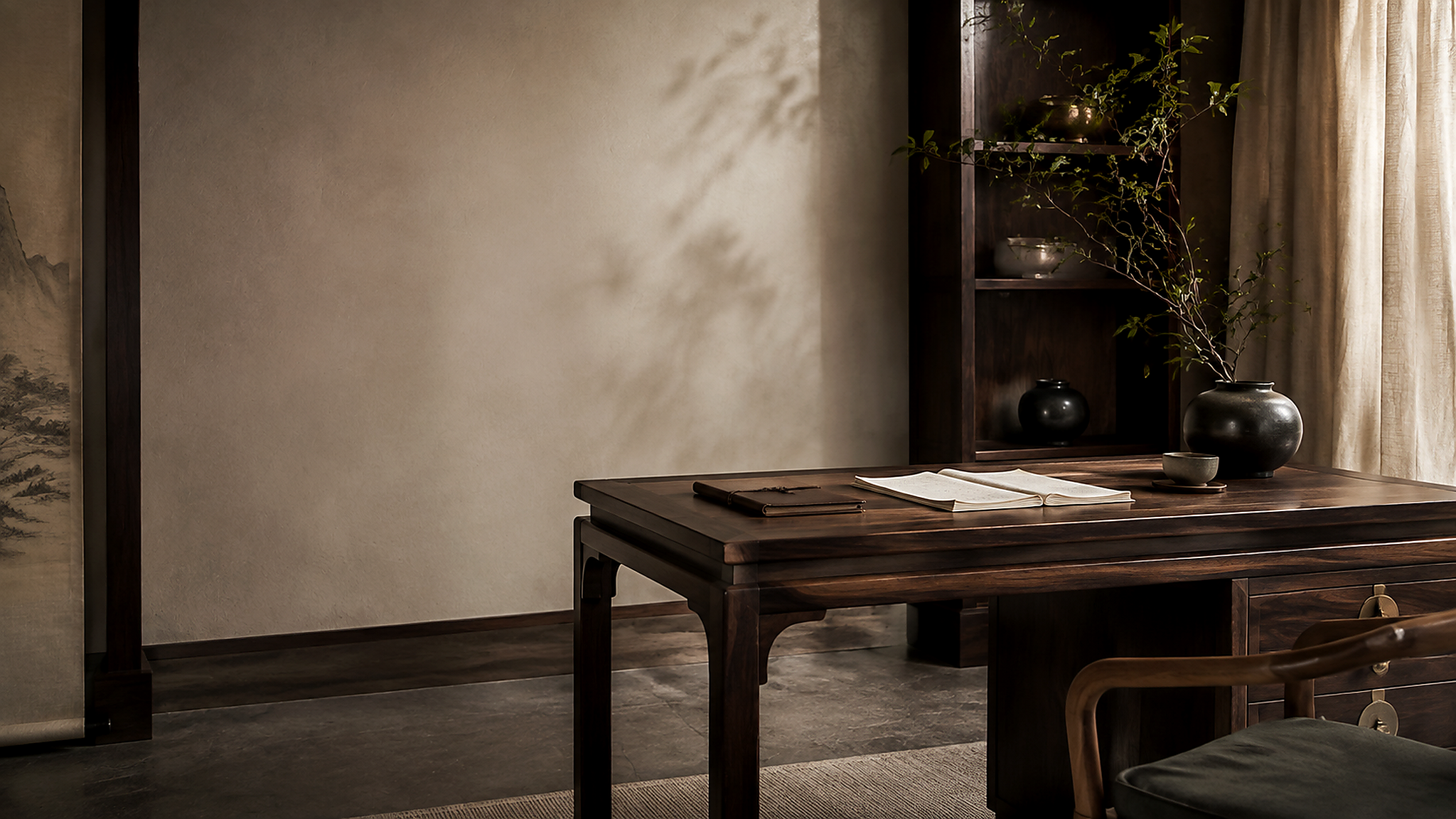 A calm walnut study with papers and a ceramic cup