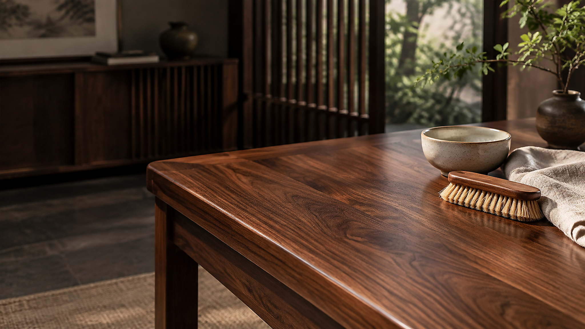 A finished black walnut table with simple care tools