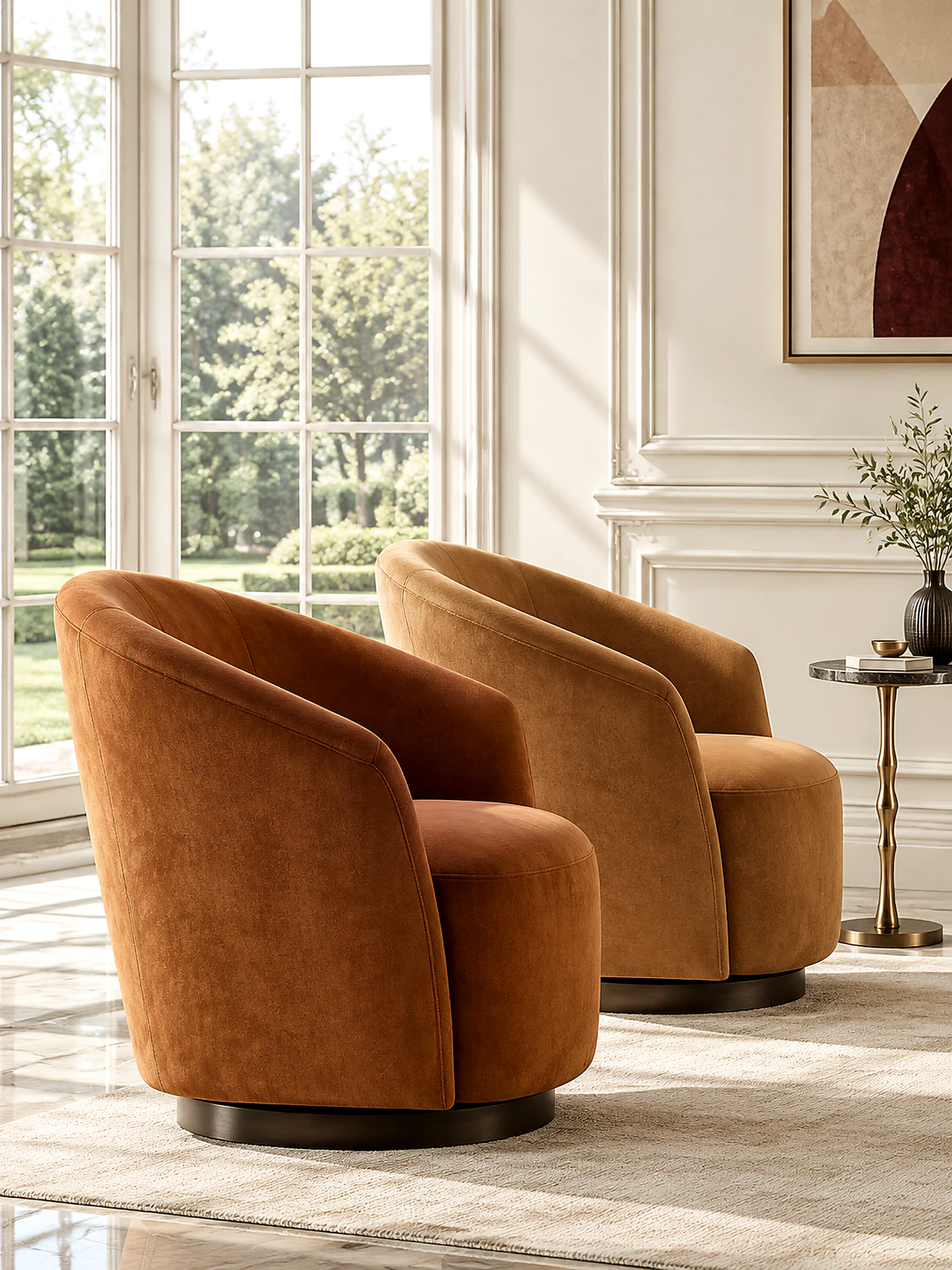 Amber upholstered accent chairs in a bright panelled room
