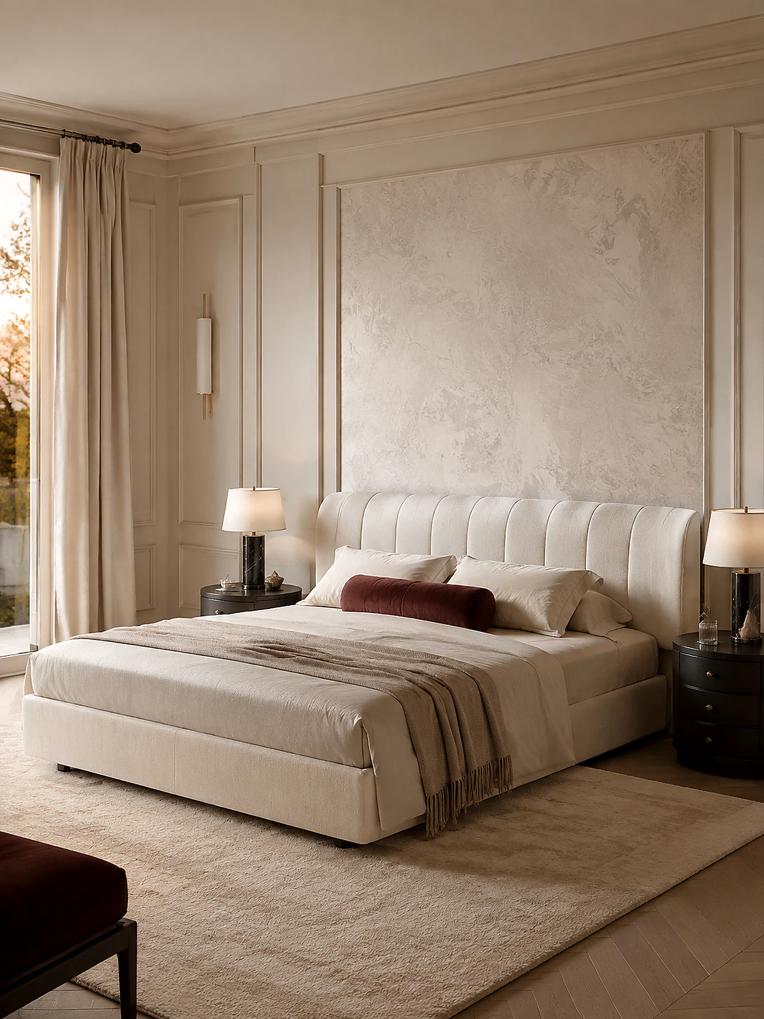 Upholstered bed in a warm neutral bedroom