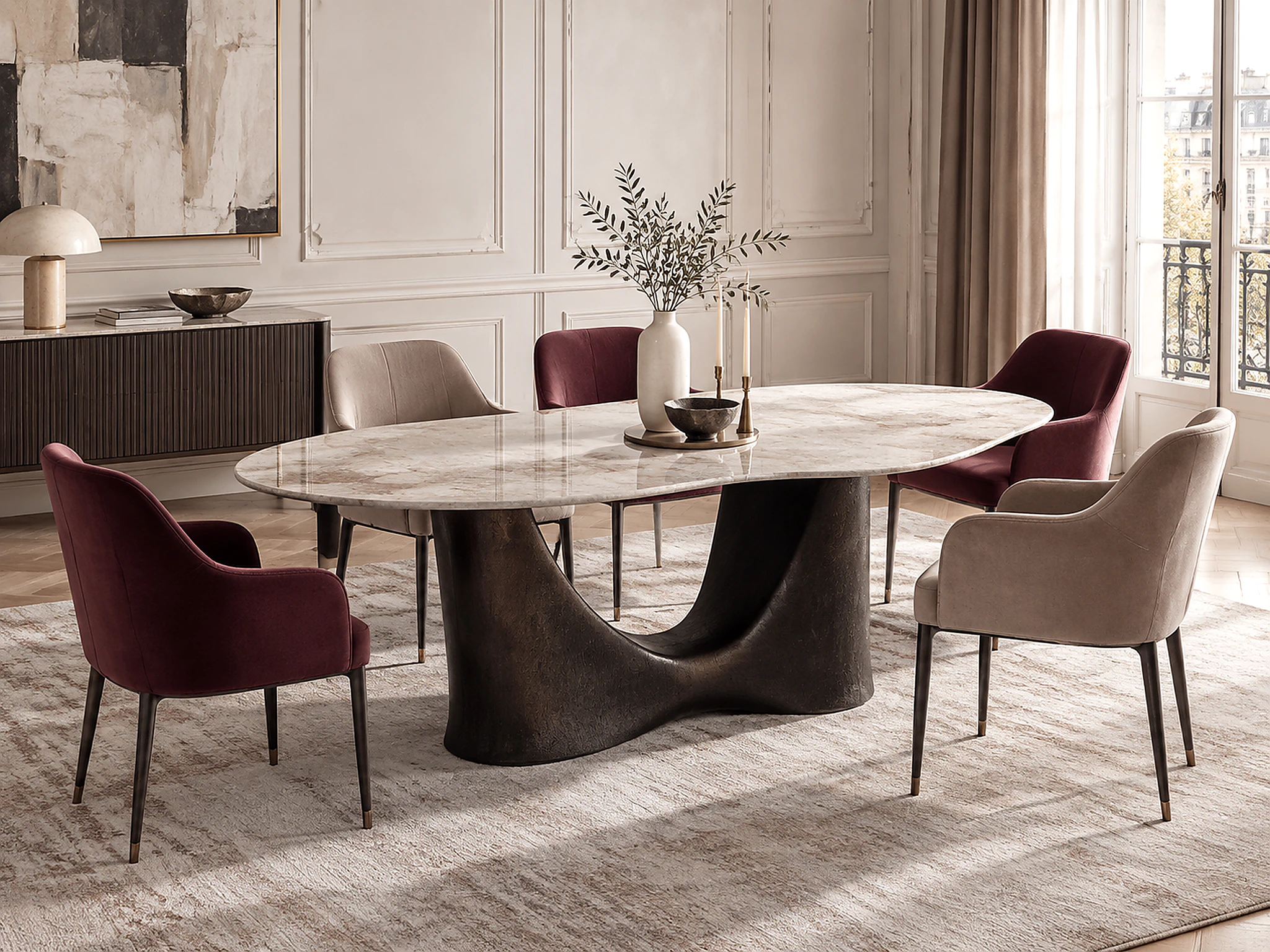 Dining setting with a sculptural table and burgundy upholstered chairs