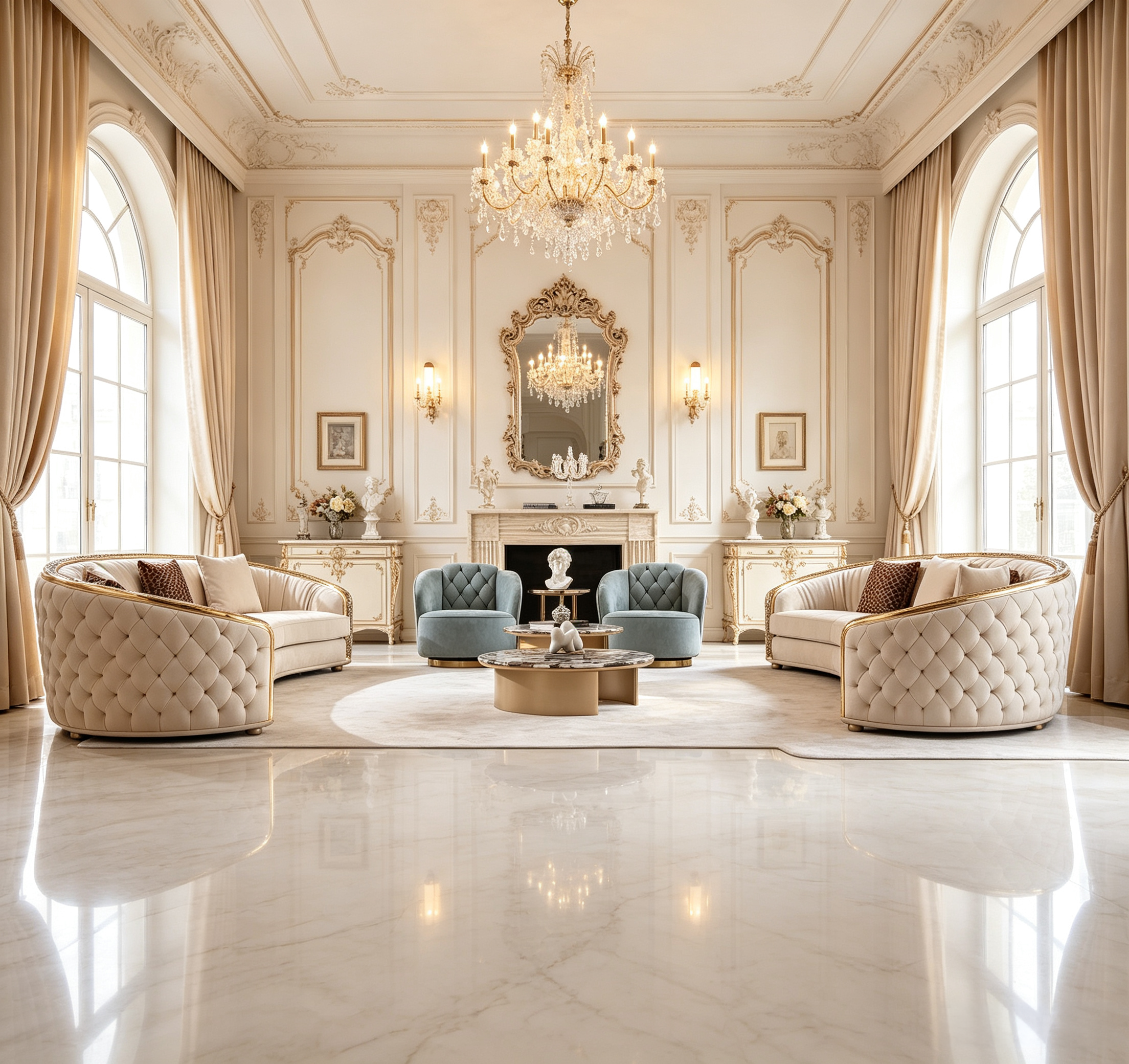Contemporary Luxury seating arranged in a light-filled classic interior