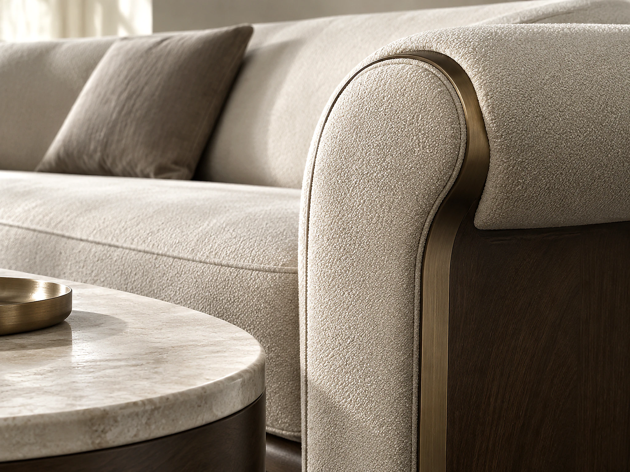 Close view of softly textured sofa upholstery, dark wood, warm metal, and a pale mineral table