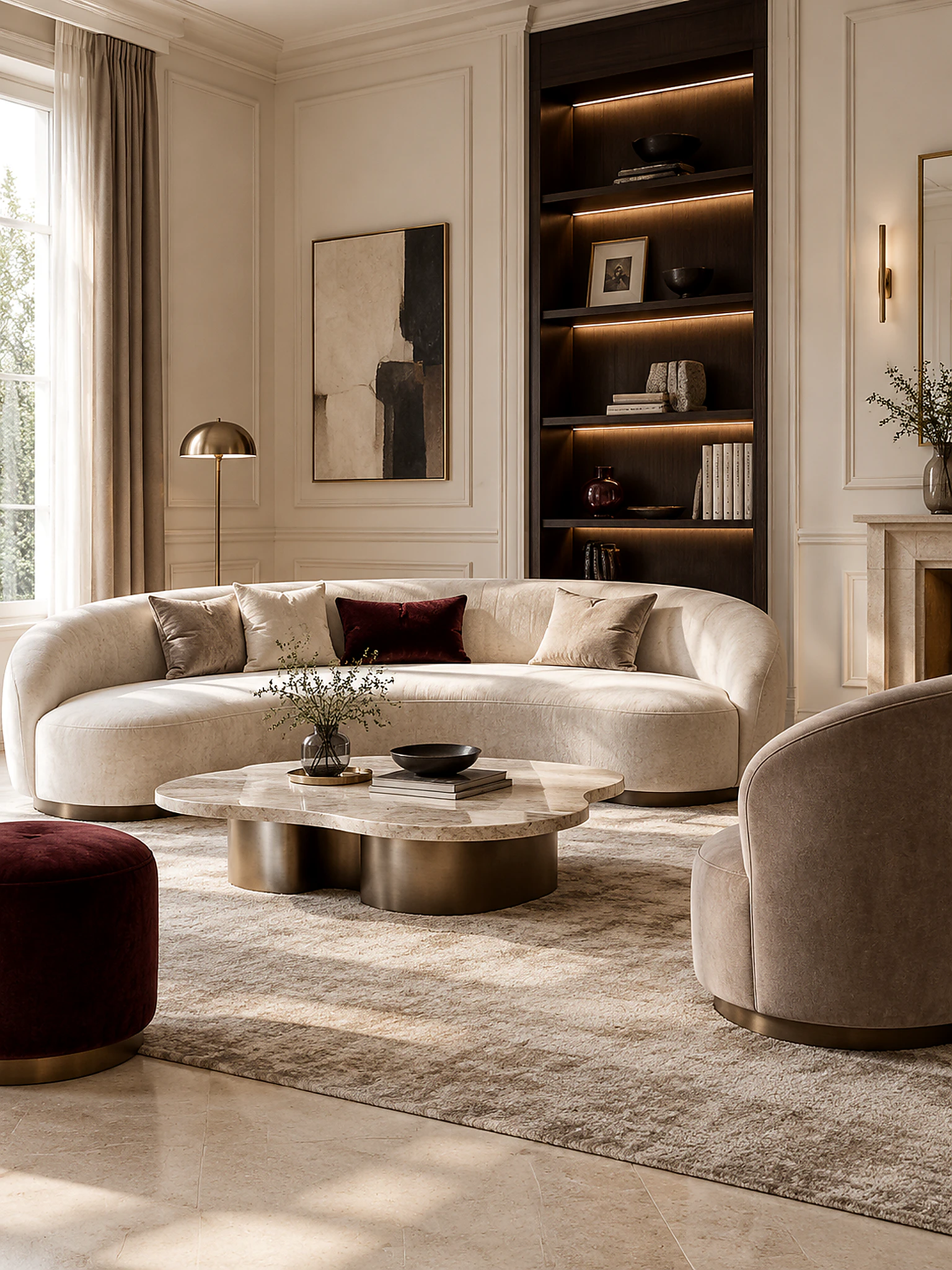 Curved upholstered seating in a warm panelled living room