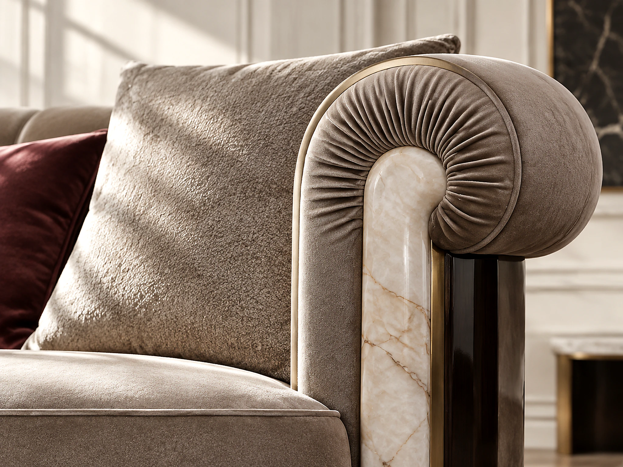 Close view of upholstery and pale stone-like surface detail